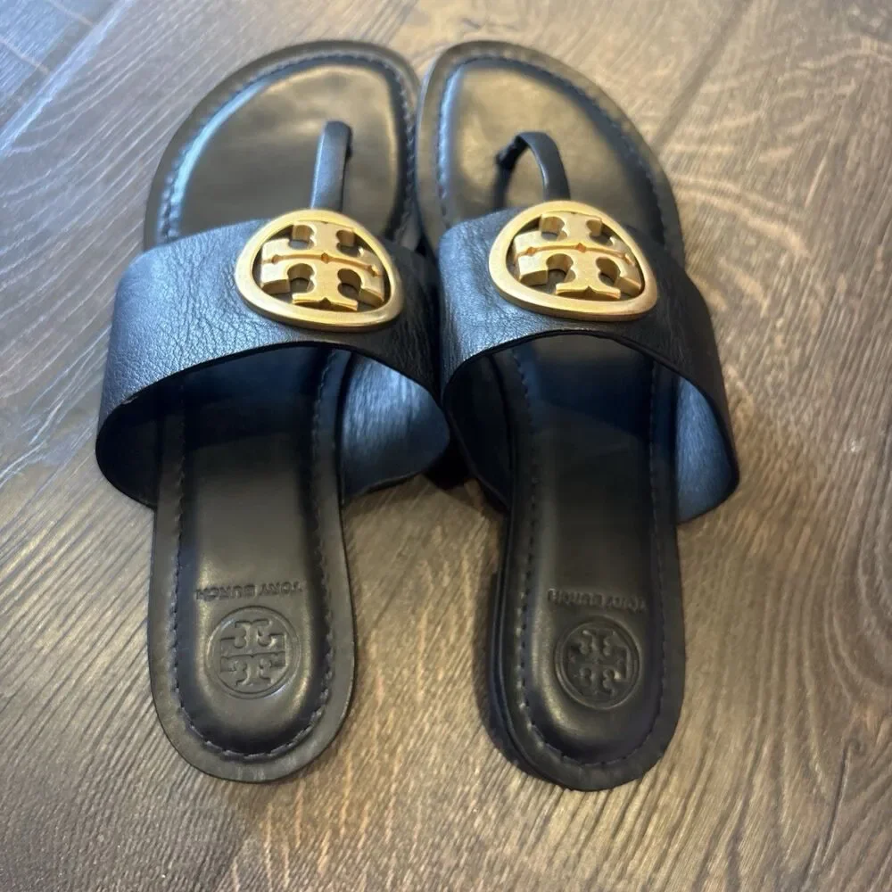 Tory Burch Benton Band Black Gold Logo Calf Leather Sandals Sz 6 1/2 6.5 M